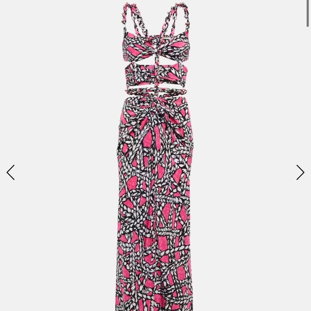 NWT AREA NYC Silk Maxi Dress Pink Rope Cutout Rhinestone Beaded Statement gown